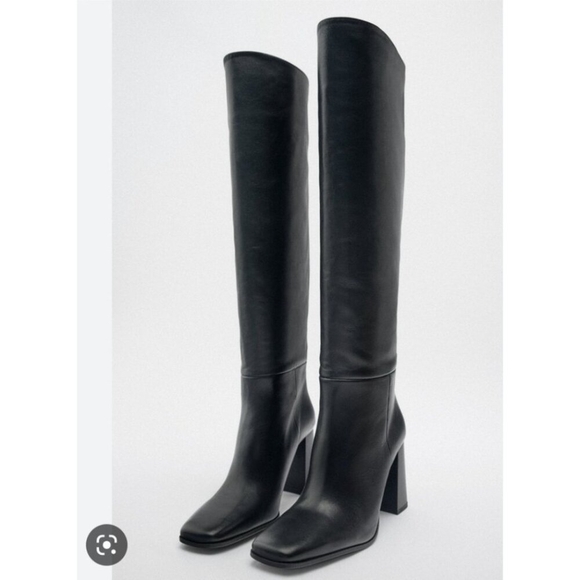 Zara Women's Black Leather Knee High Boots  Block Heel Size EU 38 - Picture 1 of 16